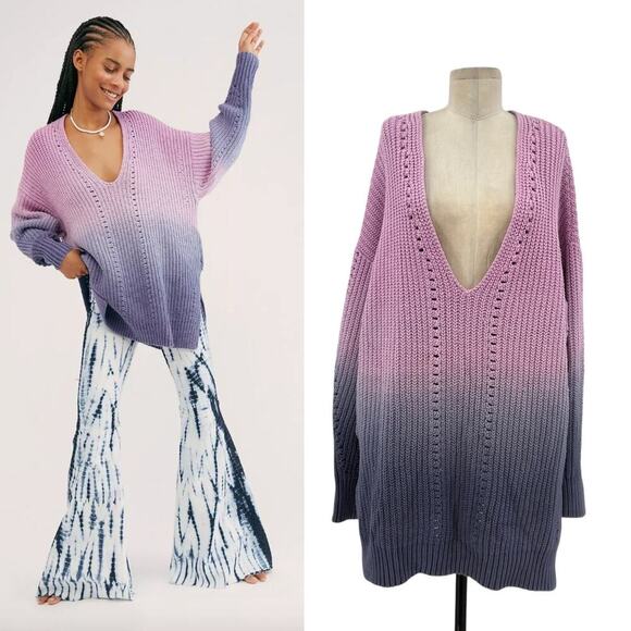 Free‎ People Come Together Purple Blue Ombre Sweater Tunic Size Large - Picture 1 of 13